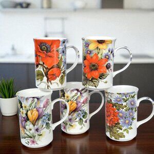 LOT OF 5 ST. GEORGE FINE BONE CHINA COLORFUL FLORAL CUPS MUGS MADE IN ENGLAND